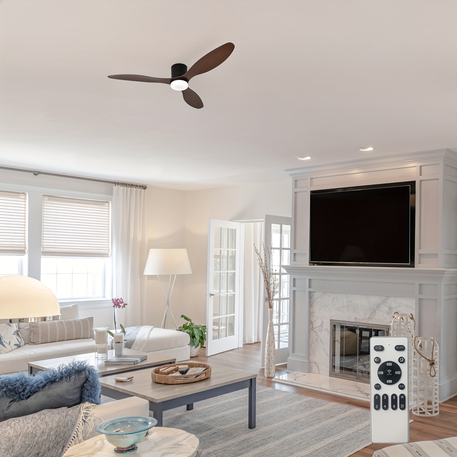 1pc 52-Inch Low-Profile Ceiling Fan with Light and Remote Control, 6 Speeds, Dimmable LED, Smart Timer, DC Motor, Suitable for Indoor or Outdoor Use in Dining Rooms, Living Rooms, Bedrooms, Etc