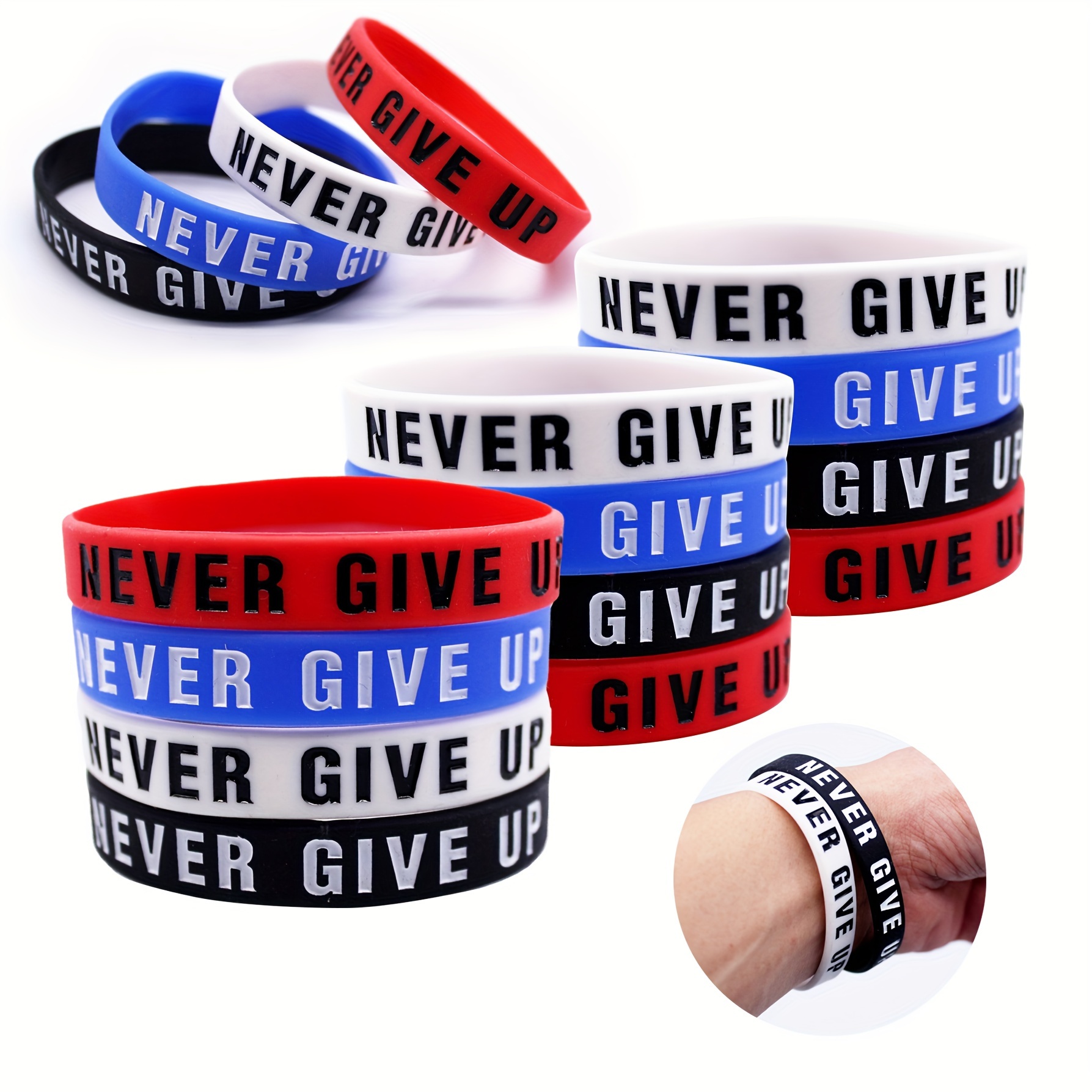 

4pcs Inspirational Silicone Wristbands - ' Give Up' Motivational Bracelets In White, Red, Blue, Black - Sports Fans & Gifts