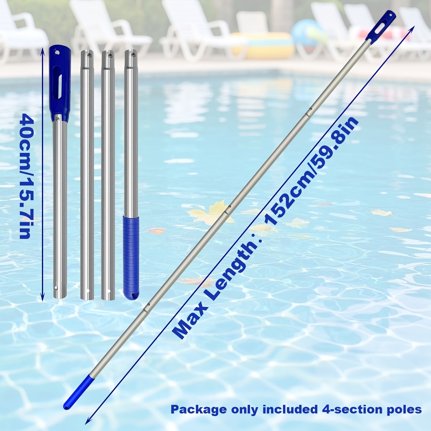 1pc 4-sections Pool Pole, Total Length 152.4cm Aluminum Pole With Plastic Sleeve Joint For Pool Skimmer Net/brush/vacuum Head And Pool Cleaning Tools, Pool Replacement Part