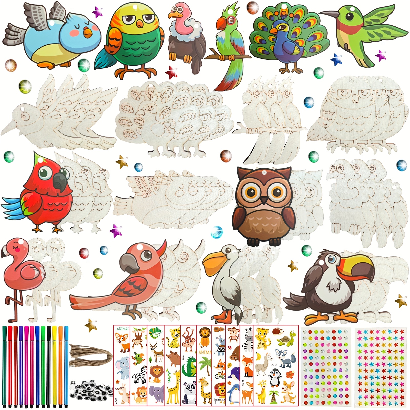Image of 308pcs Woodworking Set Featuring Birds, Including 12 Different Types And 36 Wooden Birds Like , Parrots, And . This Paintable Bird Craft Kit Is Perfect For Wooden Bird Decorations With String