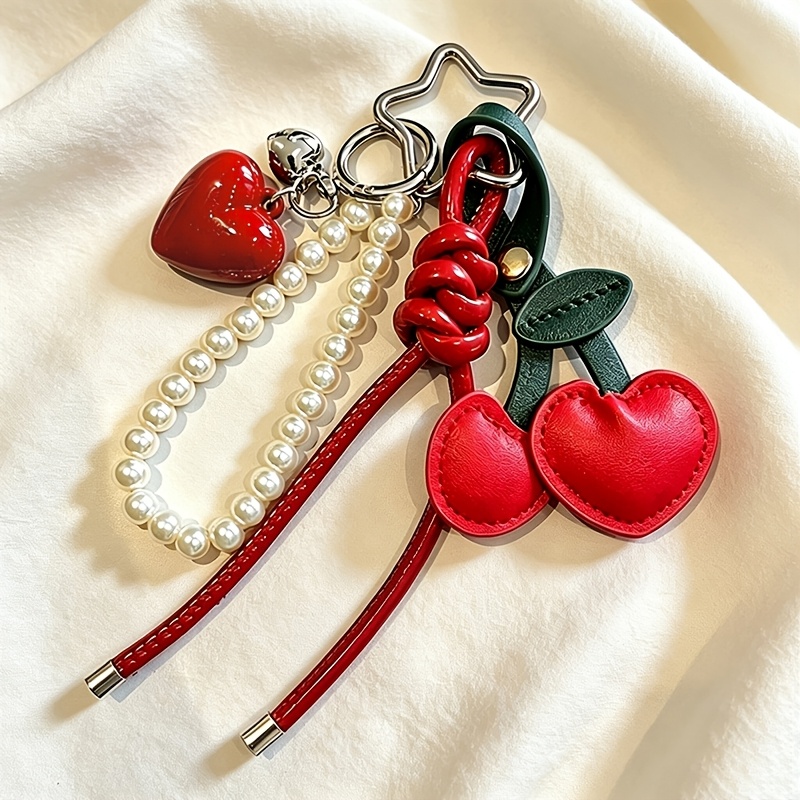 TEMU Y2k Rope Red Pink Cherry Keyring Red Ribbon Bag Key Chain Charm Pendant Women Trendy Keychain Jewelry