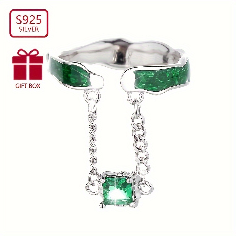 

1pcs925 Pure Silvery Low Chain Green Zirconia Pendant Women' Retro Light Suitable For Party Gift Women's Ring 3.2g