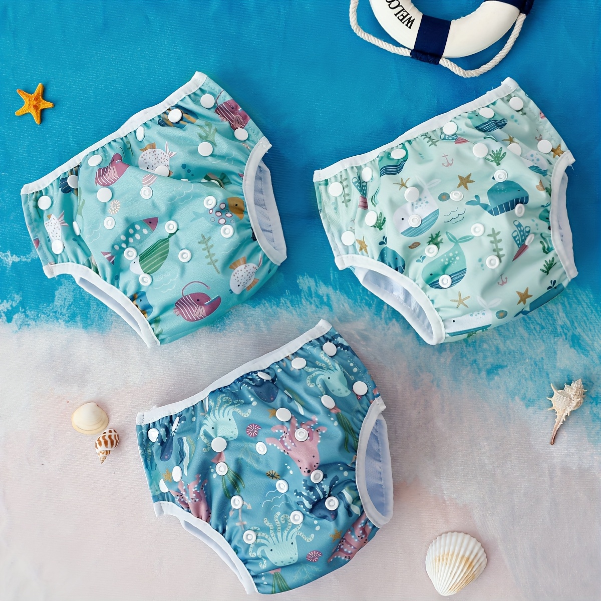 Image of 3pcs/set Ocean Vacation Print Washable Pants For Swimming, Reusable Cloth Diaper, Summer Pool Swim Diaper For