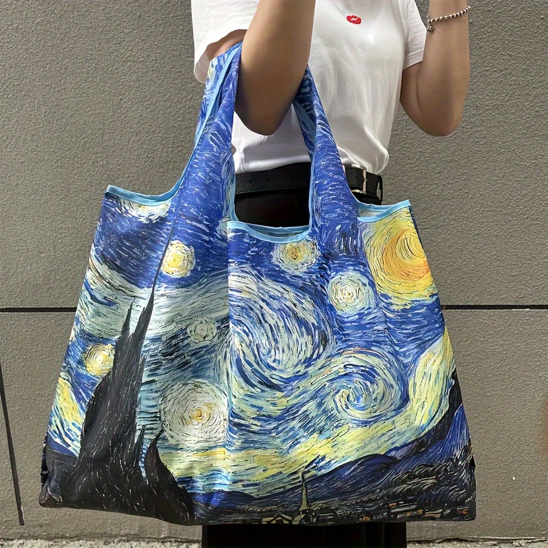 

Vincent Van Gogh Starry Night Design Large Capacity Tote Bag, Foldable Polyester Shopping Bag With No Closure, Lightweight Reusable Top-handle Handbag, Geometric Pattern, Theme