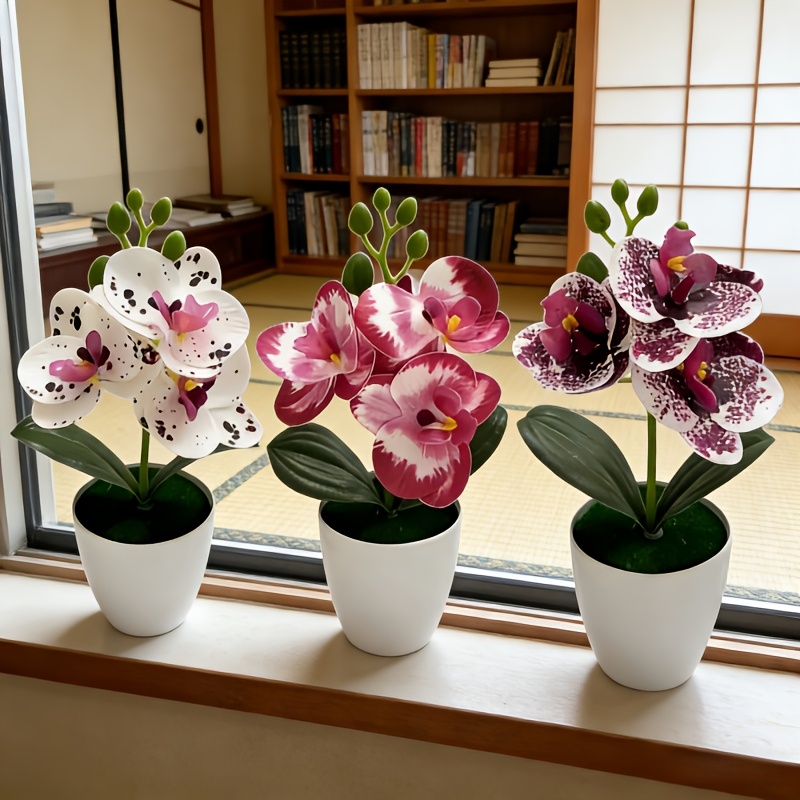 3pcs Artificial Phalaenopsis Orchid Set with White Pots - Realistic Faux Flowers in White-spotted Purple, Spotted Purple, and Rose-red-edged Colors, Lifelike Blooms - No Watering or Maintenance Required, Ideal for Desktop Centerpieces, DIY Birthday