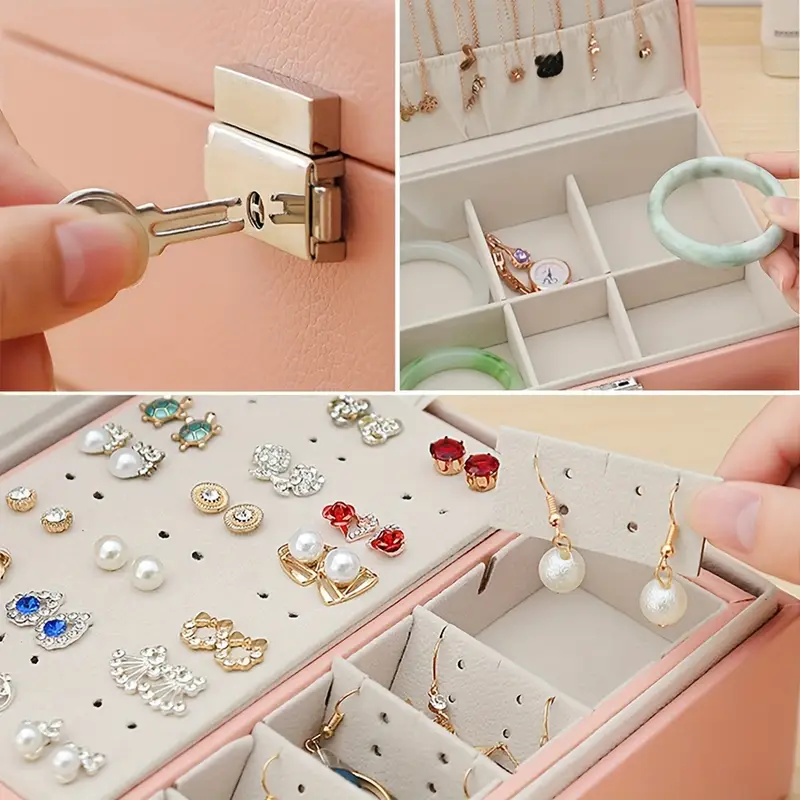 органайзер для украшений с двойным слоем и большой вместимостью с замком, кожаная текстура, для колец, ожерелий, серег, аксессуаров, хранение украшений, детали хранения 4