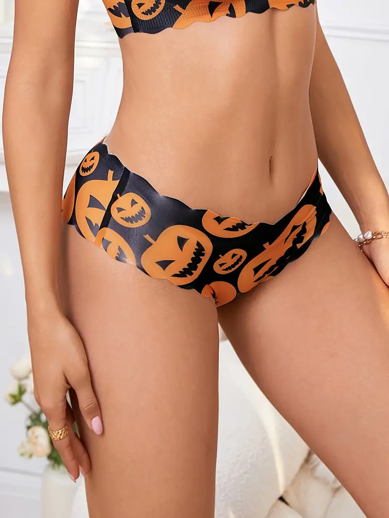 Skull Pumpkin Print Panties Comfy Seamless Halloween Scallop - Temu