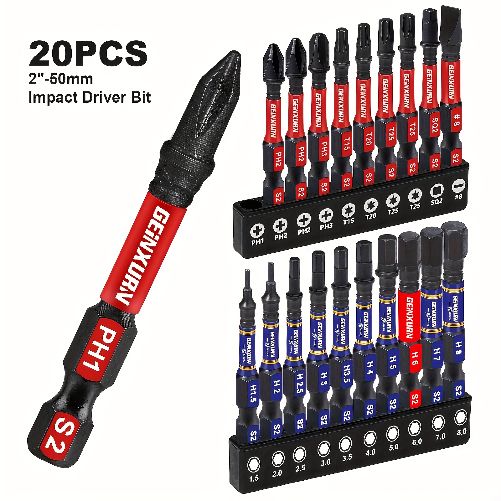 

Geinxurn 20/21pcs Impact Screwdriver Bit Set, S2 Steel, Hex Head, Red/blue/black - Includes Ph1, Ph2, Ph3, T15, T20, T25, Sq2, Sl#8 Sizes (1.5-8mm)