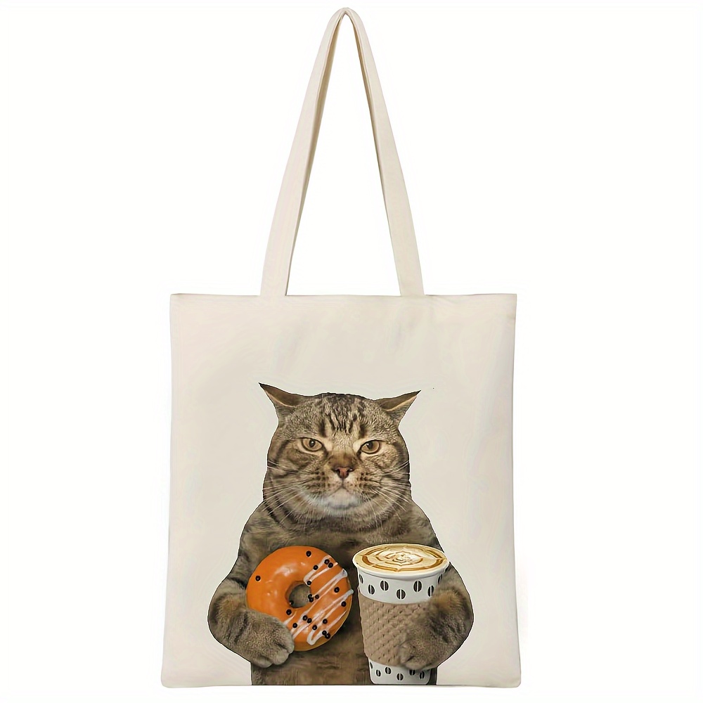 

1pc Funny Cat Canvas Tote Bag, Fabric, Humorous Design With Donut & Coffee, Reusable Shopping Bag For Travel & Daily Use