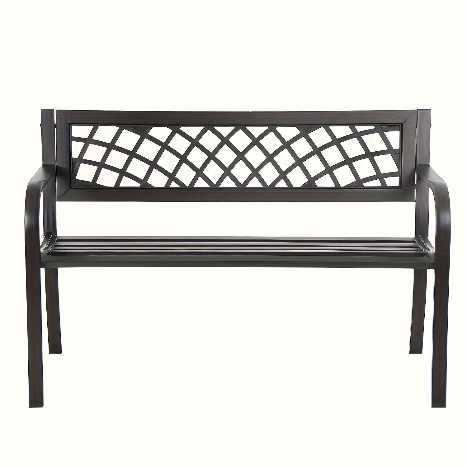 

Garden Bench, , Iron Steel Frame Patio Bench With Mesh Pattern And Plastic Backrest Armrests For Lawn Yard Porch Work Entryway, Black