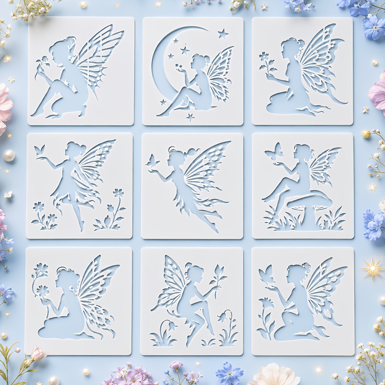 TEMU 9pcs Set Fairy Spirit Hollow Stamping Templates Waterproof Reusable Pet Material Multiple Styles Of Winged Fairies Butterflies Moon Floral