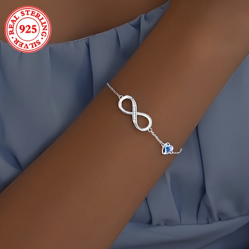 

925 Sterling Silver Infinity Bracelet With Zirconia Accents, Elegant Heart Charm, Fashion Bangle For Ladies, Valentine's Day & Mother's Day Gift