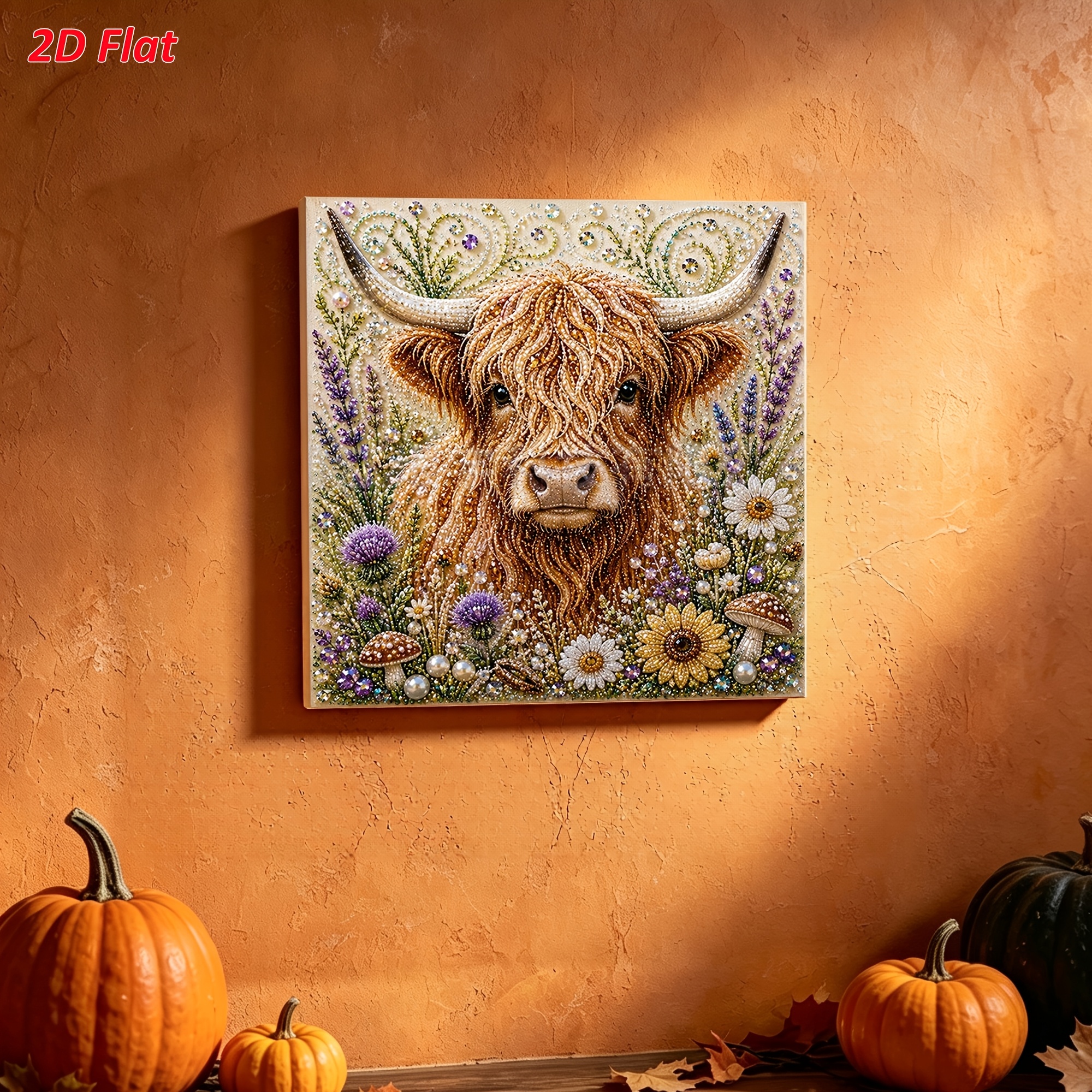 TEMU Diy Frameless Pearl Diamond Painting Kit, Highland Cow Theme, , 2d Flat Pre-printed Canvas, Beginner Stress-relief Craft, Rustic Country Style