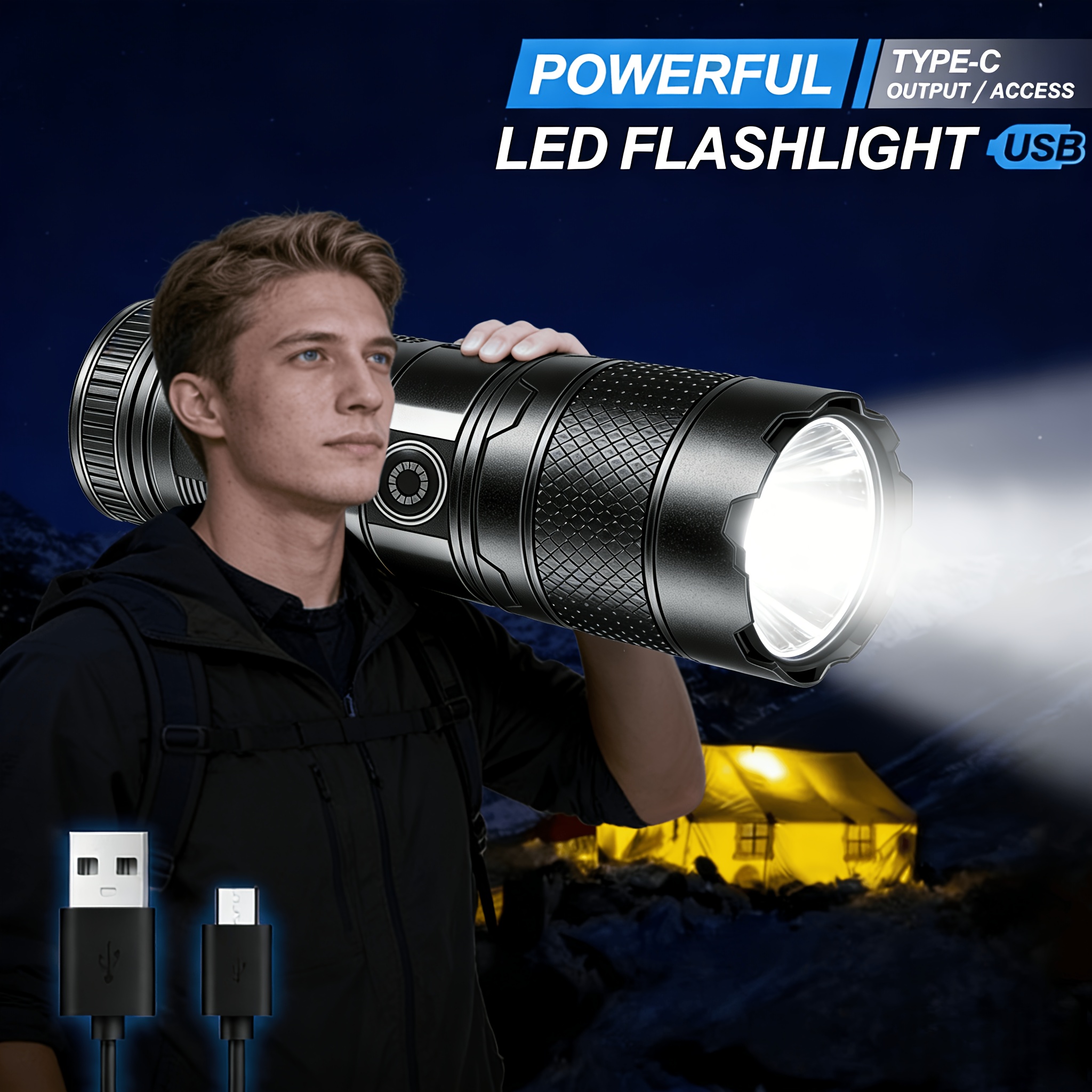 TEMU 4600 Led Flashlight Usb-c Fast Charging, 8 Light, Beam & Cob Tail Light, Long-lasting Lithium Battery, Compact & Portable For Camping, Emergency, Home - Heavy-duty Flash Light