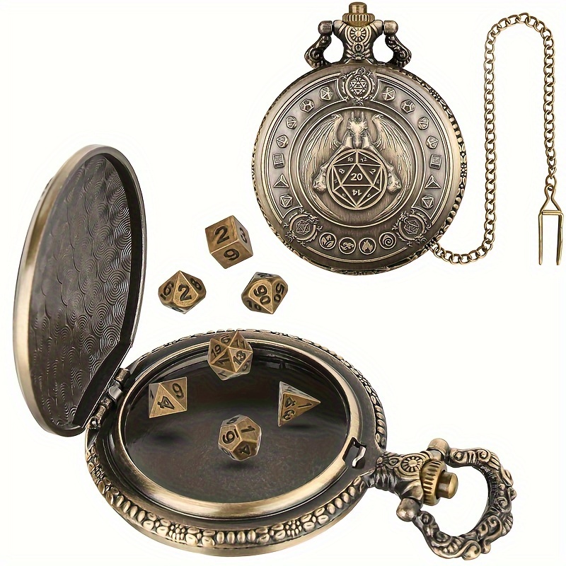 

1 Wings Flying Dragon Pocket Watch Case With Thick Chain And 7 Metal Game Dice, Tabletop Role Playing Game Dice Accessories