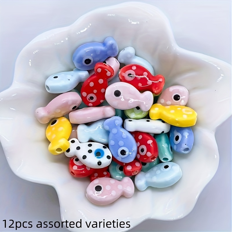 Image of 12pcs Random Mixed Color Ceramic Fish Beads For Jewelry Making, Polka , Craft Beading Supplies, Assorted Colors, Jewelry Making Parts And Accessories, No Mosaic Material