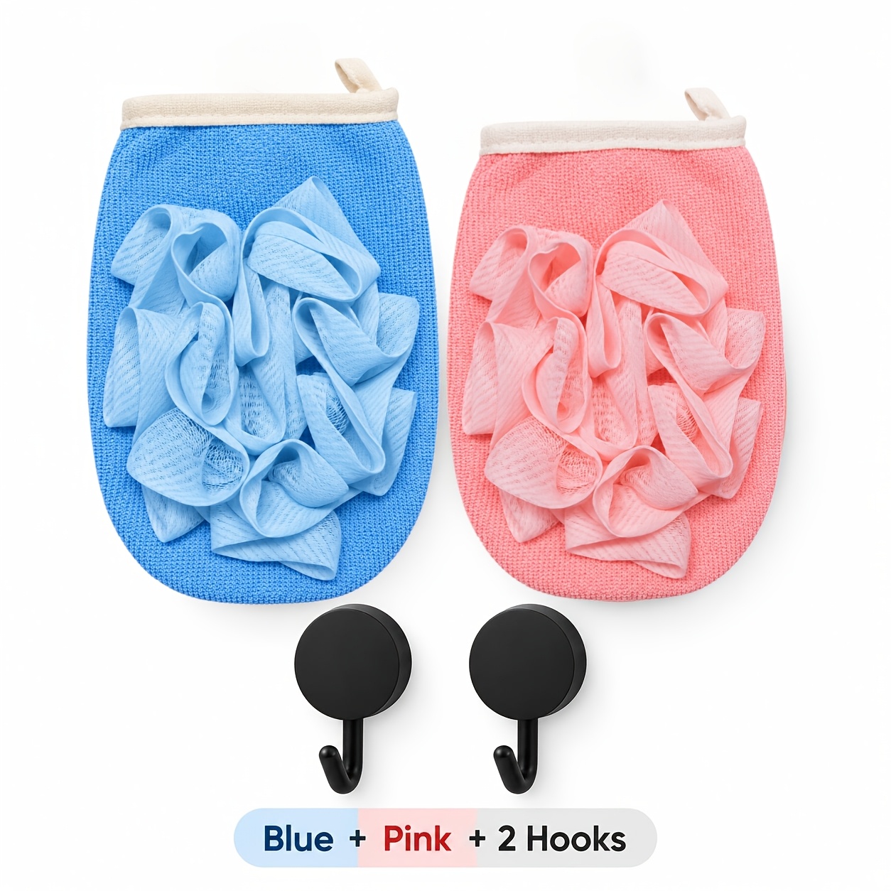 Bath Loofah Gloves with Black Round Hooks, 3D Mesh Design