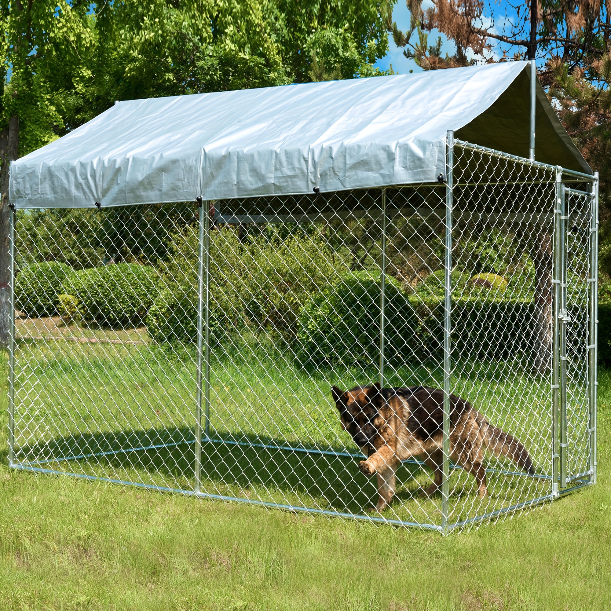

Large Dog Kennel Outdoor, Heavy Duty Dog Pen Cage With Cover And Secure Lock, Dog Run, Chain Link Dog Crate With Waterproof Uv-resistant Roof For