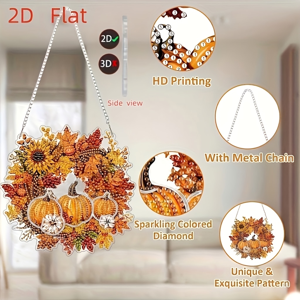Image of 2d Flat Floral Pumpkin Pattern Hanging Kit, Special Shaped Rhinestones, Diy Acrylic Painting Window Decoration Home Garden Wall Hanging Kit Ornament, 2d Flat