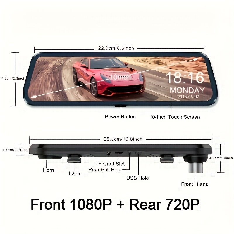 1080p přední a 720p zadní palubní kamera s dotykovou obrazovkou, magnetickým držákem, 400mah polymerovou lithiovou baterií, 24h parkovacím monitorem, 27.5fps plynulým záznamem, napájením do autozásuvky Podrobnosti o produktu 1