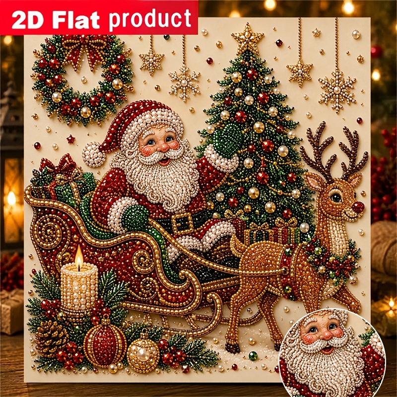 TEMU New Colored Diamond Painting Kit, Santa Claus On Sleigh With Reindeer Decorating Christmas Tree Scene Diamond Painting, Suitable For Beginners,