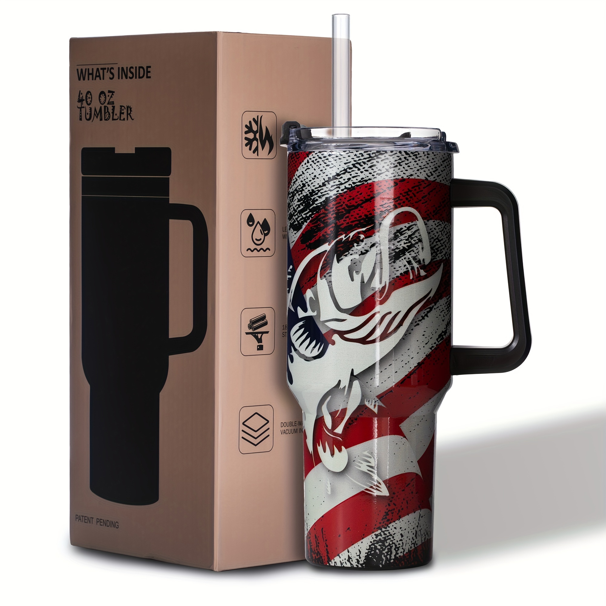 

1pc, American Flag & Fishing 40 Oz Tumbler With Handle - Stainless Steel Cup With Straw - Insulated Coffee Mug With Lid - Flag Birthday Gifts For Women - Hand Wash Only, Independence Day Gifts