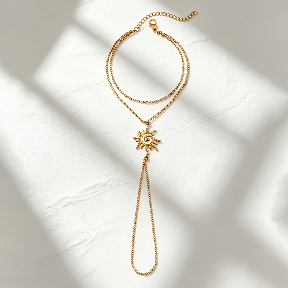 TEMU 1 pieza Cadena de dedo para mujer de acero inoxidable con colgante de sol vintage y a , de anillo de dedo y pulsera de capa elegante y versátil