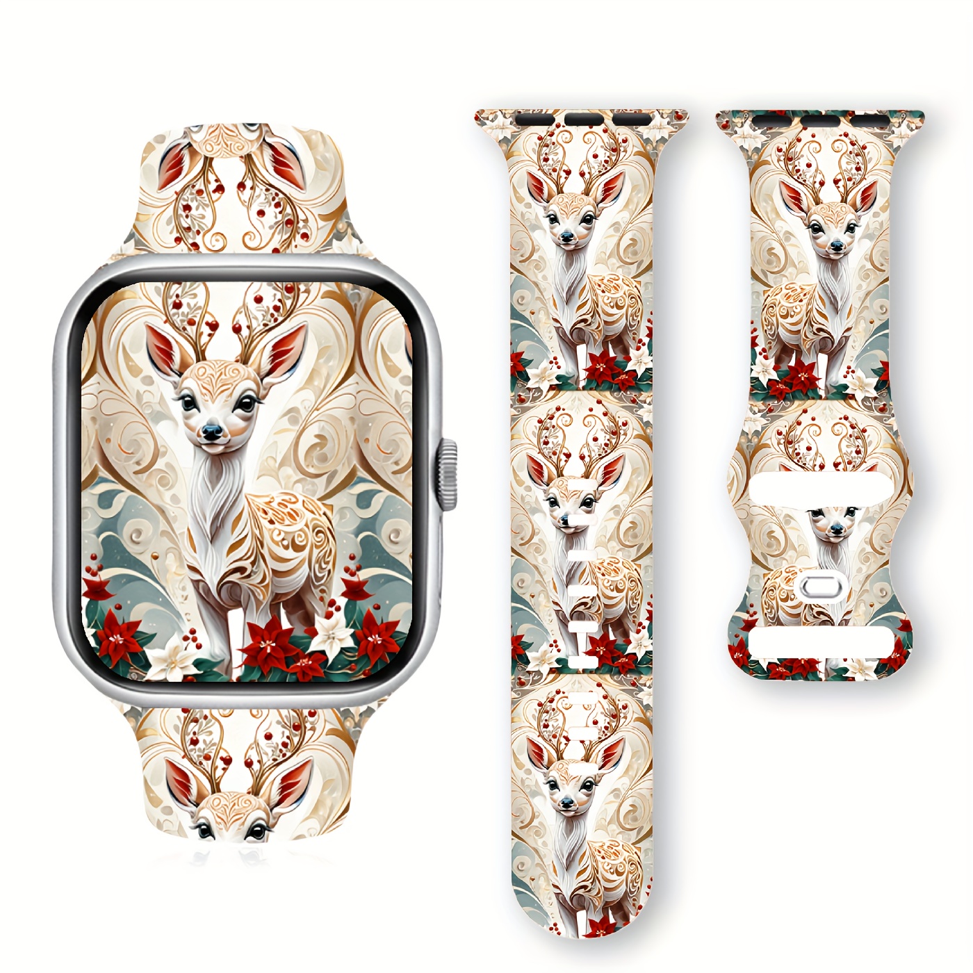 

Funky Christmas Deer Design Silicone Watch Band For Apple Watch, Soft Comfortable Butterfly Clasp, For Iwatch 1/2/3/4/5/6/7/se, Perfect Gift