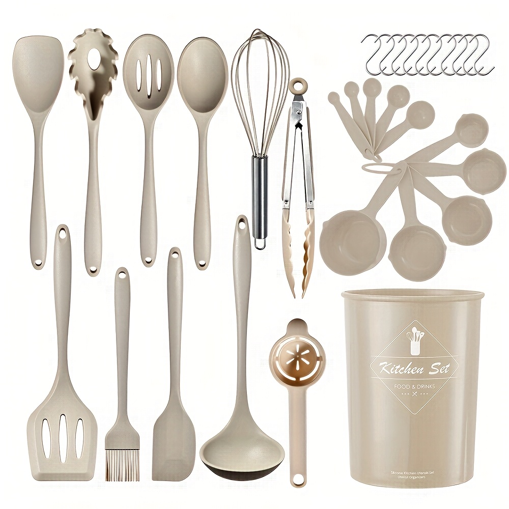 32pcs Set, Integrated Silicone Kitchen Utensil Set with Storage Bucket, Heat-Resistant Cooking Tools, Non-Stick Silicone Spatula And Spoon, Whisk, Food Tongs, Baking Tools, Oil Brush, Spoons, Measuring Cups, Kitchen Utensils, Kitchen Supplies