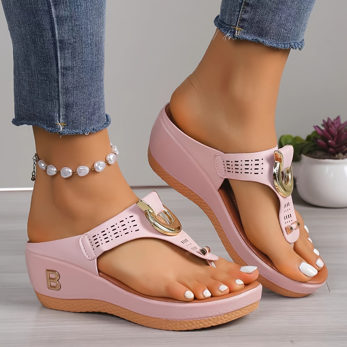 Women's Wedge Heel Sandals with Golden Metal Buckle and Laser Cut Design - Breathable Synthetic Upper, Cushioned Insole, Suitable for Summer Casual and Formal Wear