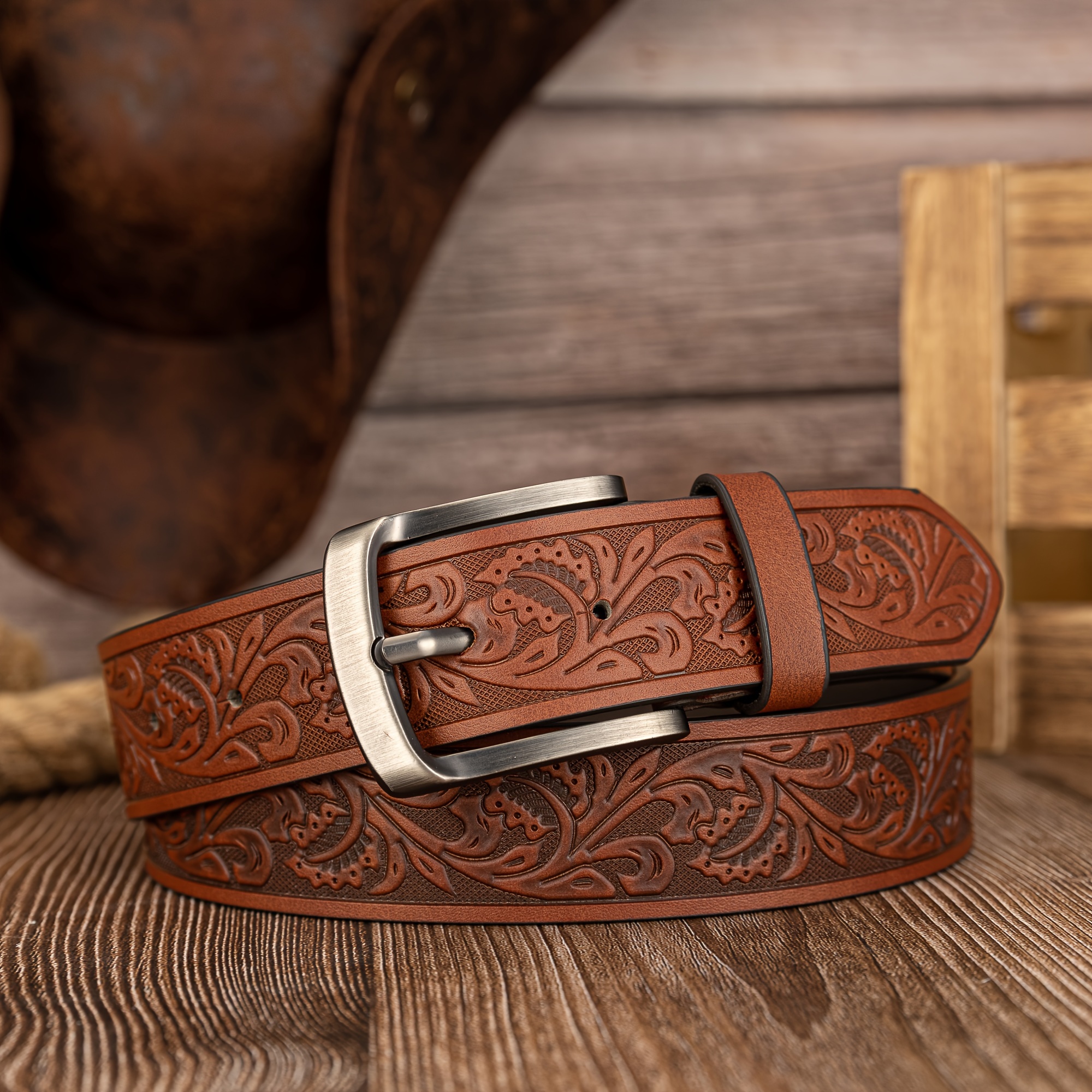 Embossed Leaf Leather Waist Belt - Brown Woodland Embossed Buckle Belt main image 3