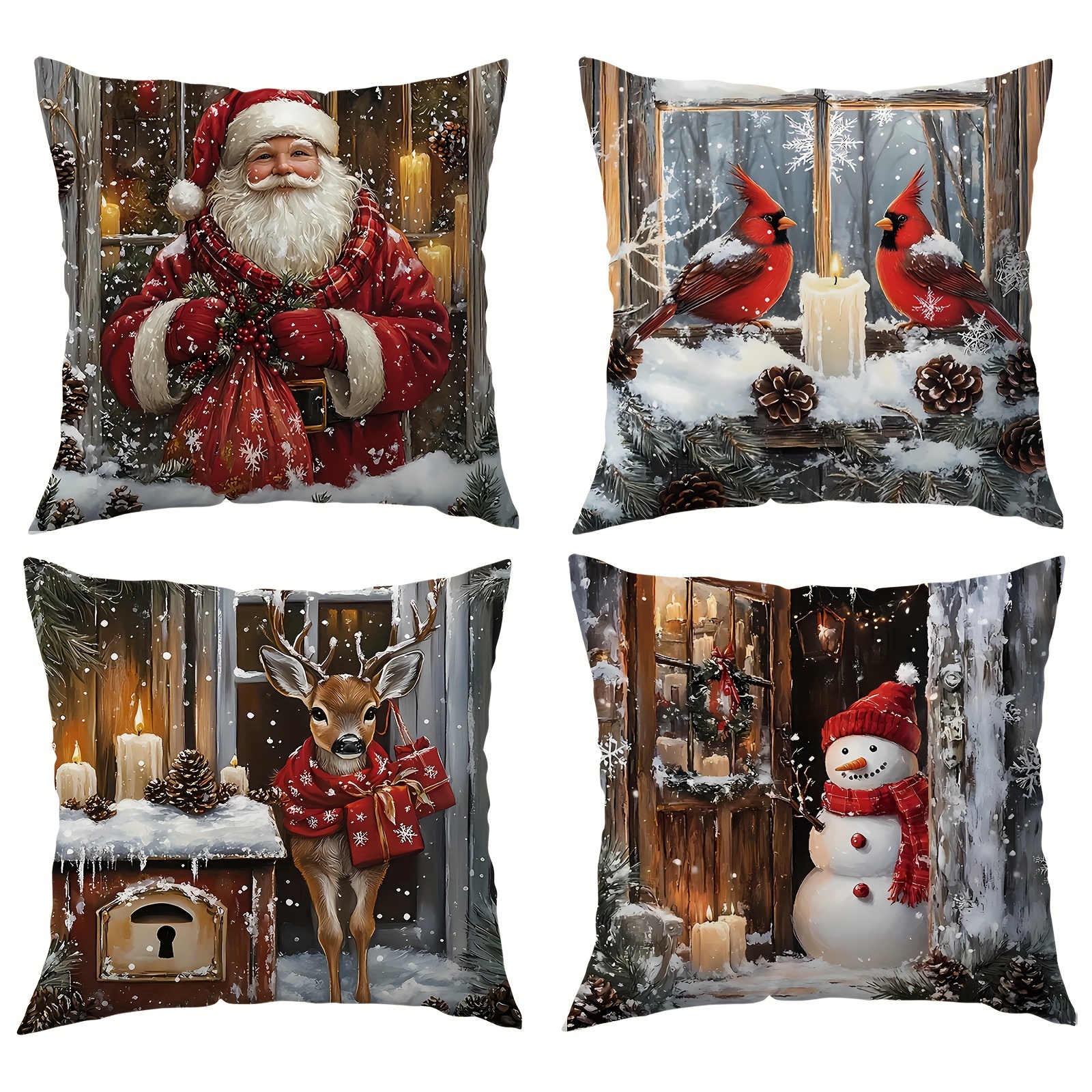 

4pcs Christmas Throw Pillow Covers Set - Santa, Snowman, & Reindeer Designs | Velvet Printed, Machine Washable | Living Room, Bedroom & Sofa Decor | Zip Closure, Polyester, Christmas Pillows