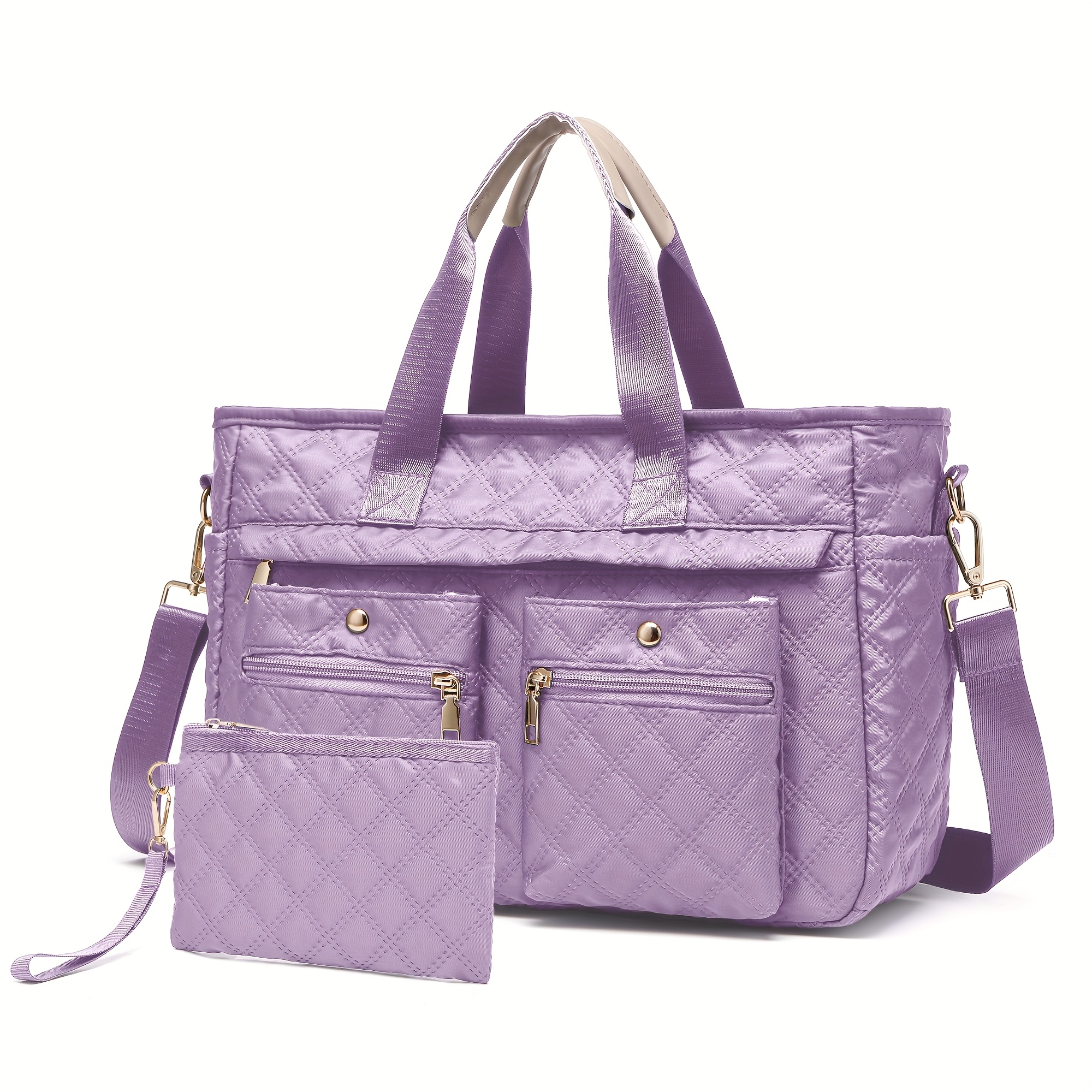 2Pcs Womens Quilted Nylon Tote Crossbody Bag Set Large