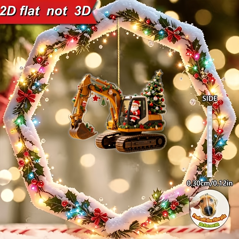TEMU Decorazione natalizia piatta 2D, 1 pz. che guida un escavatore a forma di albero di Natale - Decorazione realistica piatta 2D in acrilico da