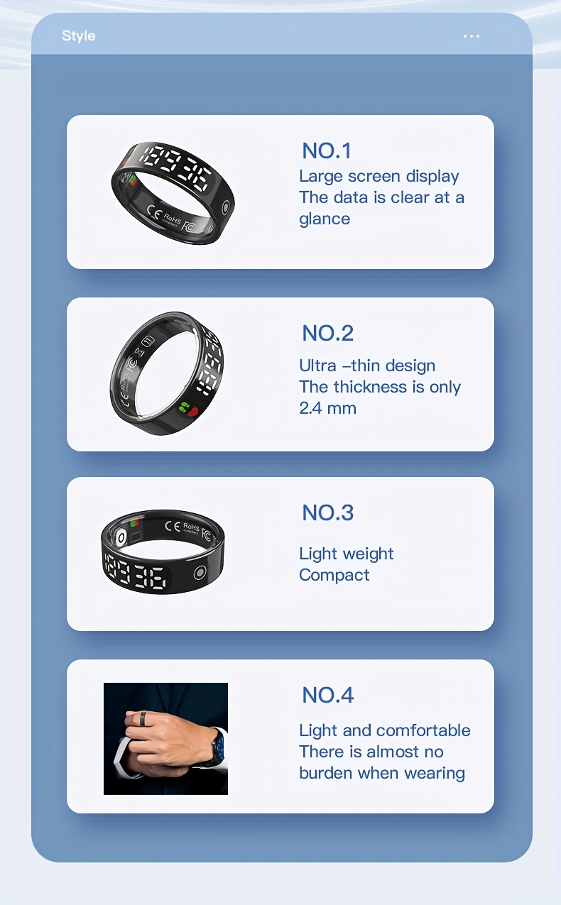 Protingas žiedinis fizinio aktyvumo seklys su ekranu, įrašo žingsnius, atstumą, kalorijas, miegą, stebi judėjimą, suderinamas su iPhone ir Android, atsparus vandeniui pagal IP68 standartą, išmanieji papuošalų priedai, tinkami moterims ir vyrams kaip dovanos, Valentino dienai ir kitoms šventinėms progoms
