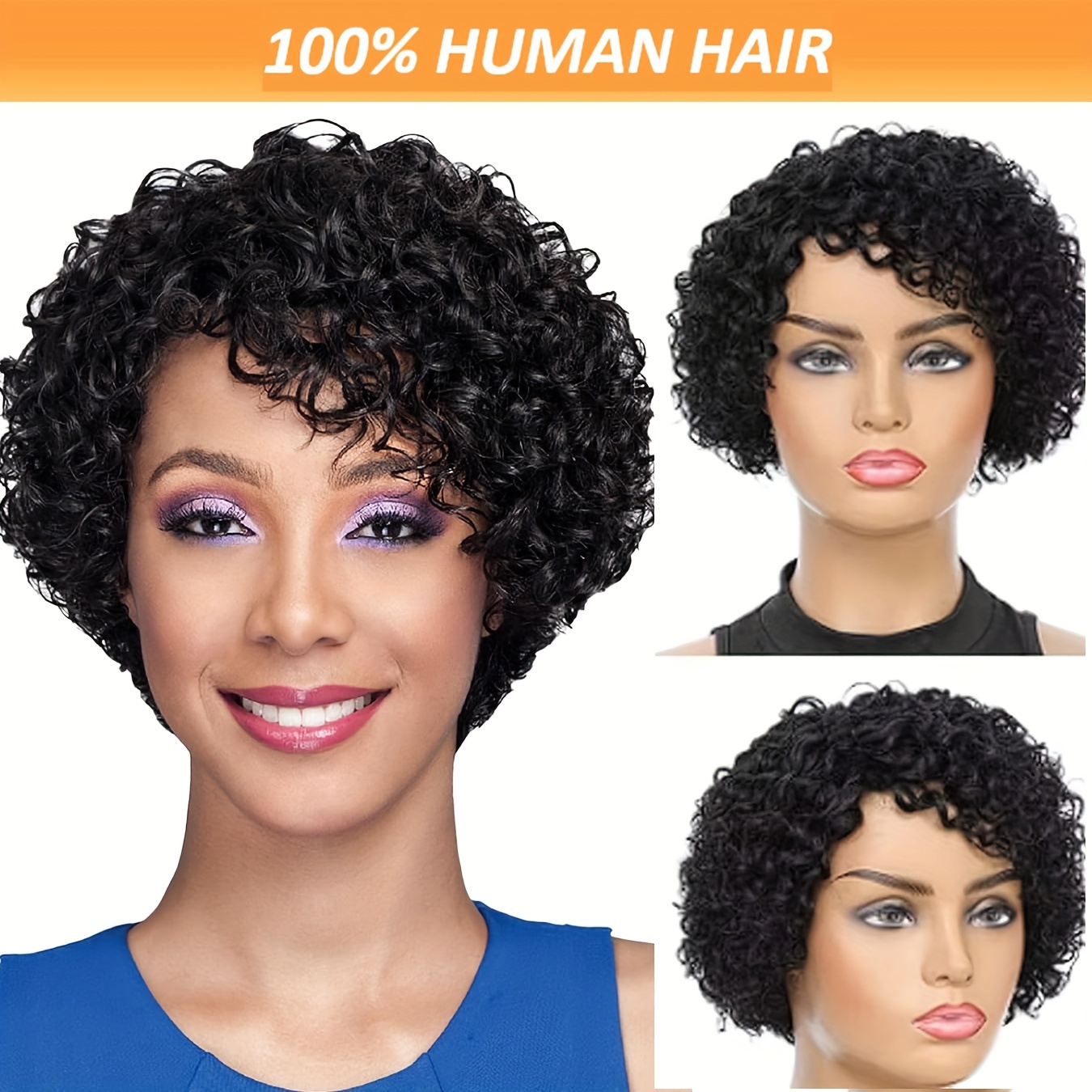 

Elegant 6-inch Black Short Curly Wig For Women - 100% Brazilian Human Hair, Cut, Glueless Afro Kinky Bob Style Look, 180% Density, Hair Wig