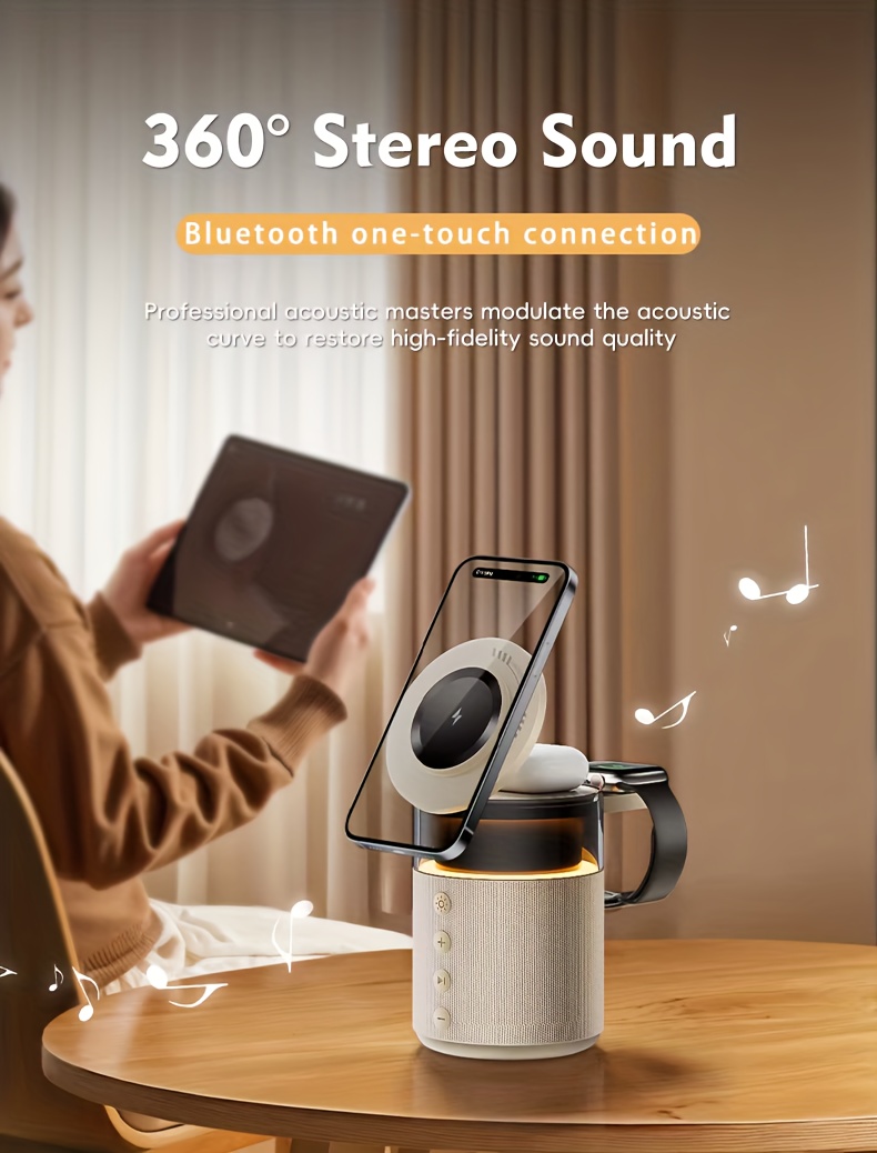 5-In-1 Magnetic Wireless Charging Station with Wireless Speaker & Night Light, Fast Charger for Iphone for Iwatch Series