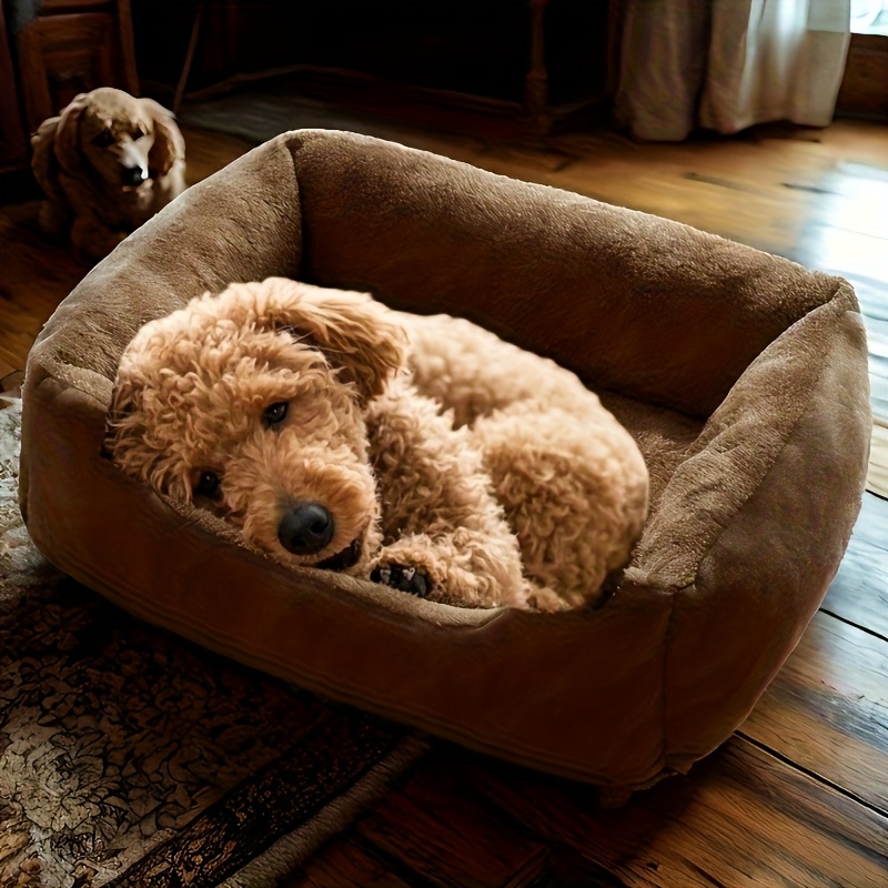 plush square pet bed beige brown soft fluffy cushioned mattress like interior   design easy clean polyester pad for cats small dogs rabbits guinea   indoor outdoor use in living room bedroom balcony ideal for apartments homes space saving square bed   durable fabric cat owners Product details 5