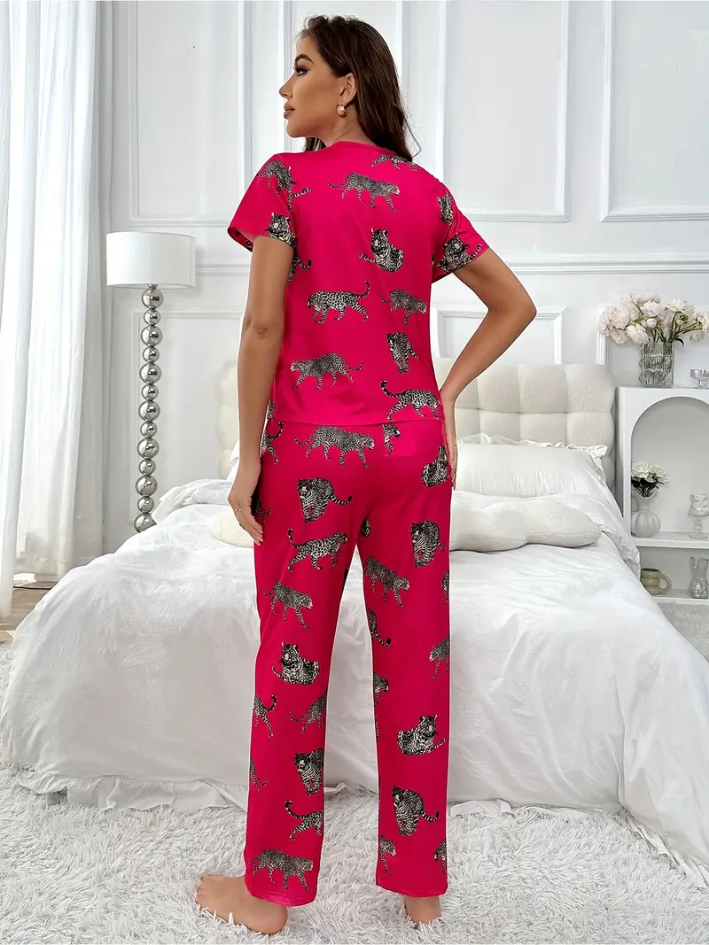 spring summer and autumn winter womens pajamas cartoon animal tiger short sleeve long pants home clothes set Product details 2