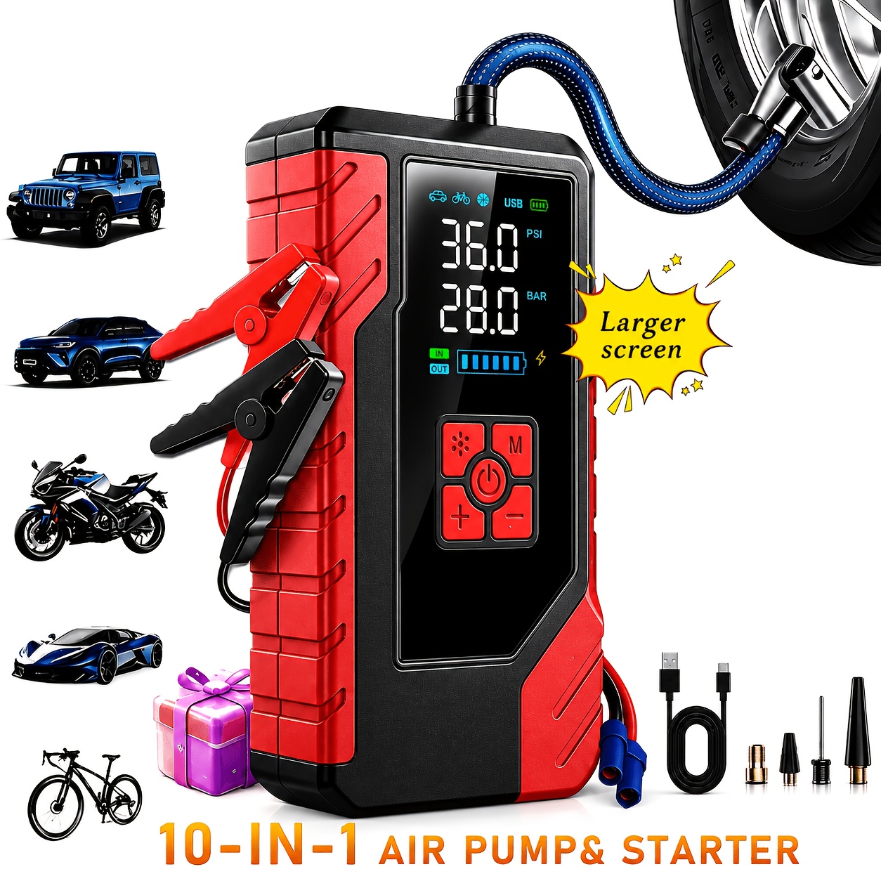 TEMU Alimentatore di emergenza portatile 10-in-1 12V 250 PSI 15000A di picco con funzione di pompa di gonfiaggio, caricabatterie per auto, accessorio