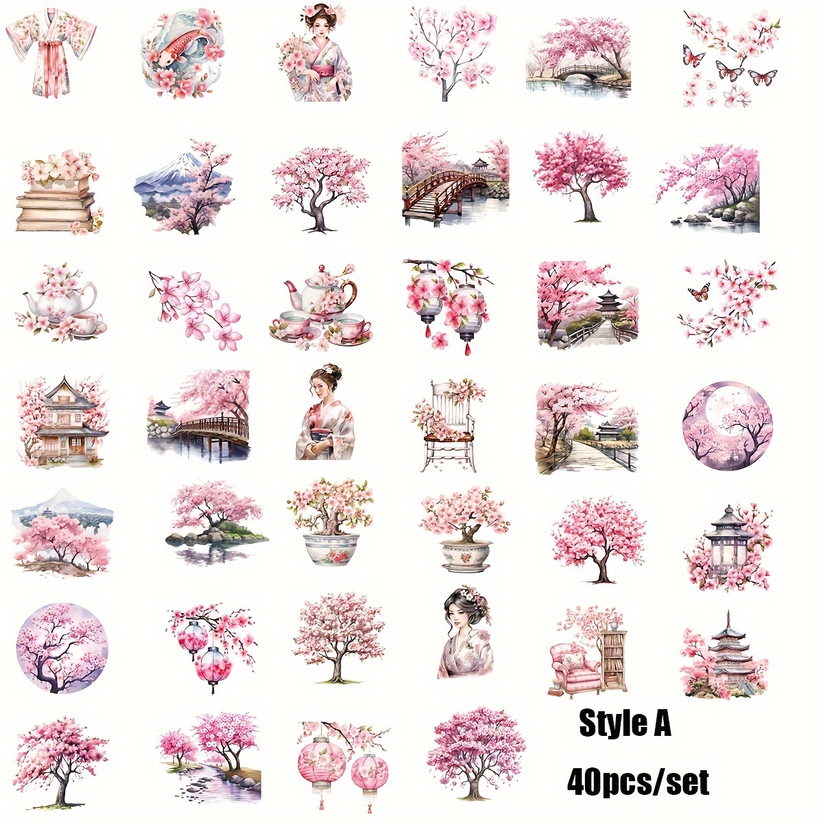 Image of 40pcs Cherry Stickers - Anime-style Geisha, Sakura & High Quality Self-adhesive Decals For Journals, Planners, Diy Crafts - Glossy Finish, Vibrant Colors, Irregular Shapes, Cherry Wall Stickers