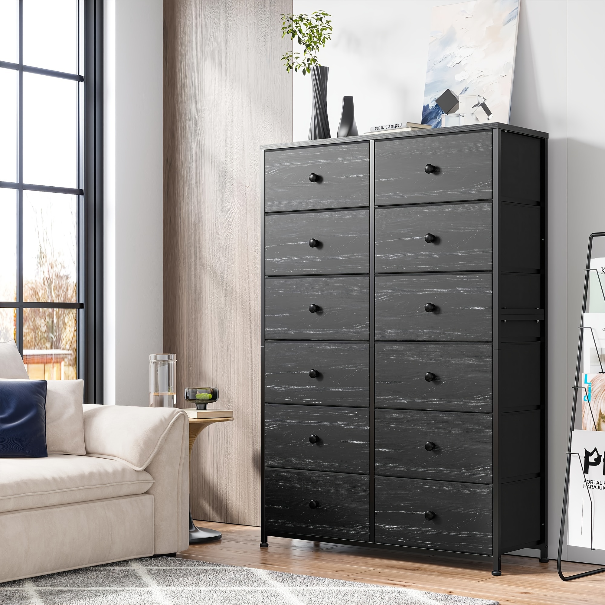 

Dresser For Bedroom Tall Dresser With 12 Drawers Wooden Top And Metal Frame Black Dressers & Chest Of Drawers For Bedroom, Closet, Clothes Black 35" L X 12" W X 52" H