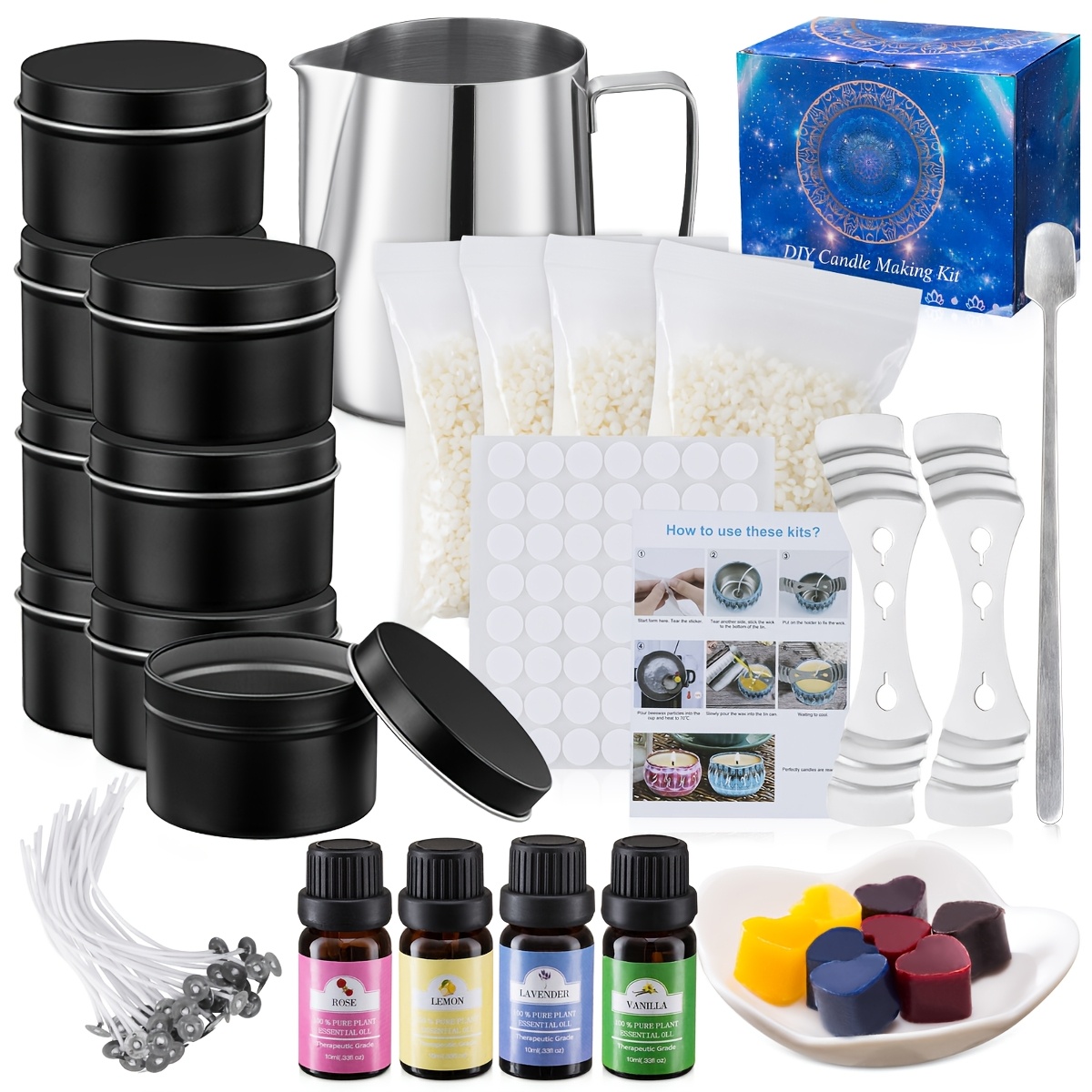 TEMU Black Essential Oil Set | Personalized Candle Making Tool With 4 Types Of Essential Oils And Black Jars, Must-have For Aromatherapy Candles,