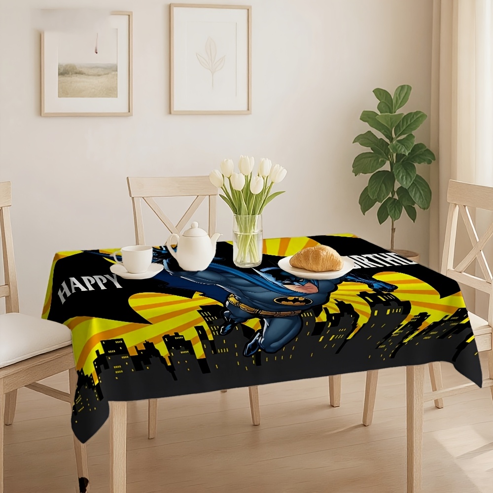 TEMU 1pc Tablecloth, . Superhero Design, Blue And Black Costume With Bat Logo, City , Yellow Pattern, Includes "happy Birthday" Text, Birthday Theme.
