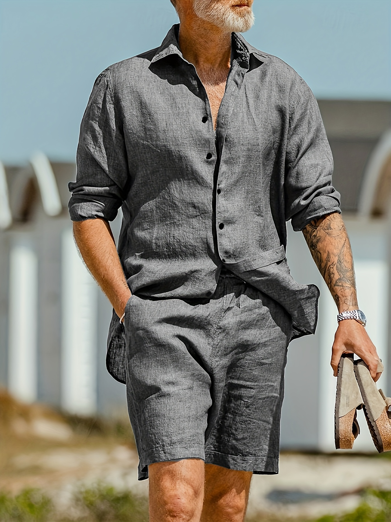 2pcs gray solid color set mens summer outfit stylish simple