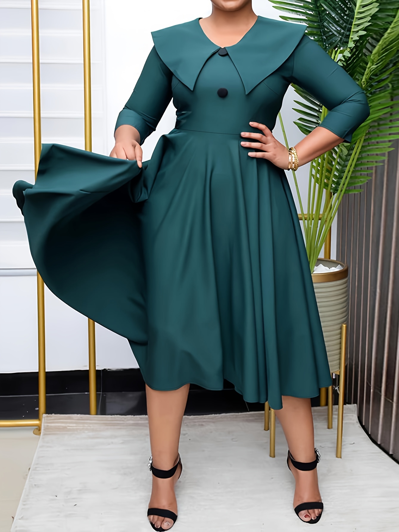 Elegant *-Length Ladies' Dress | Solid Color, Doll Collar, Three Quarter  Sleeve, Flared Hem, Regular Fit | Ideal for Daily Wear, Formal Occasions,  and Festive *