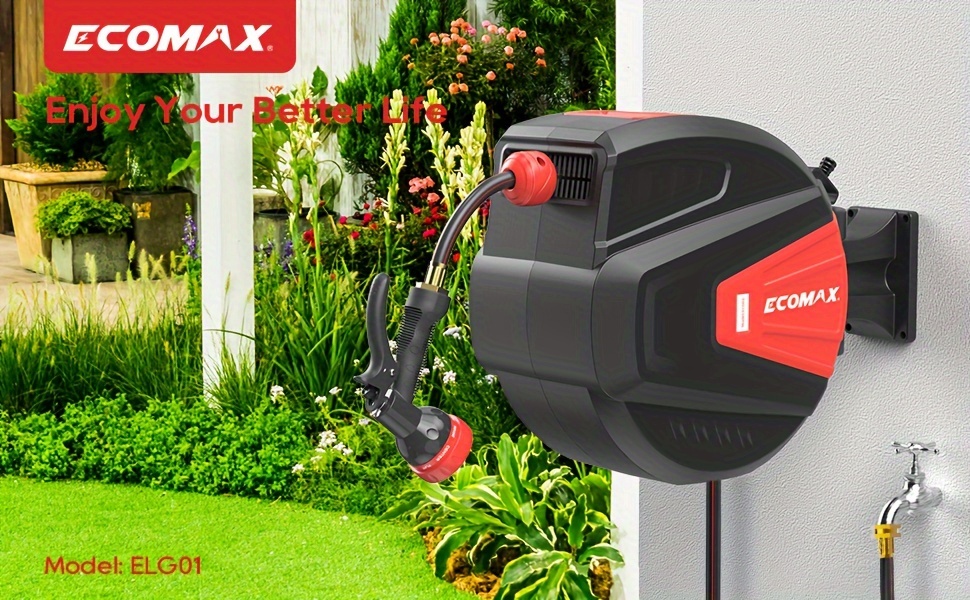ECOMAX 100ft Retractable Garden Hose Reel With Wall Mount - 1/2in Hose, 9 Pattern Nozzle, Any Length Lock, 180° Swivel