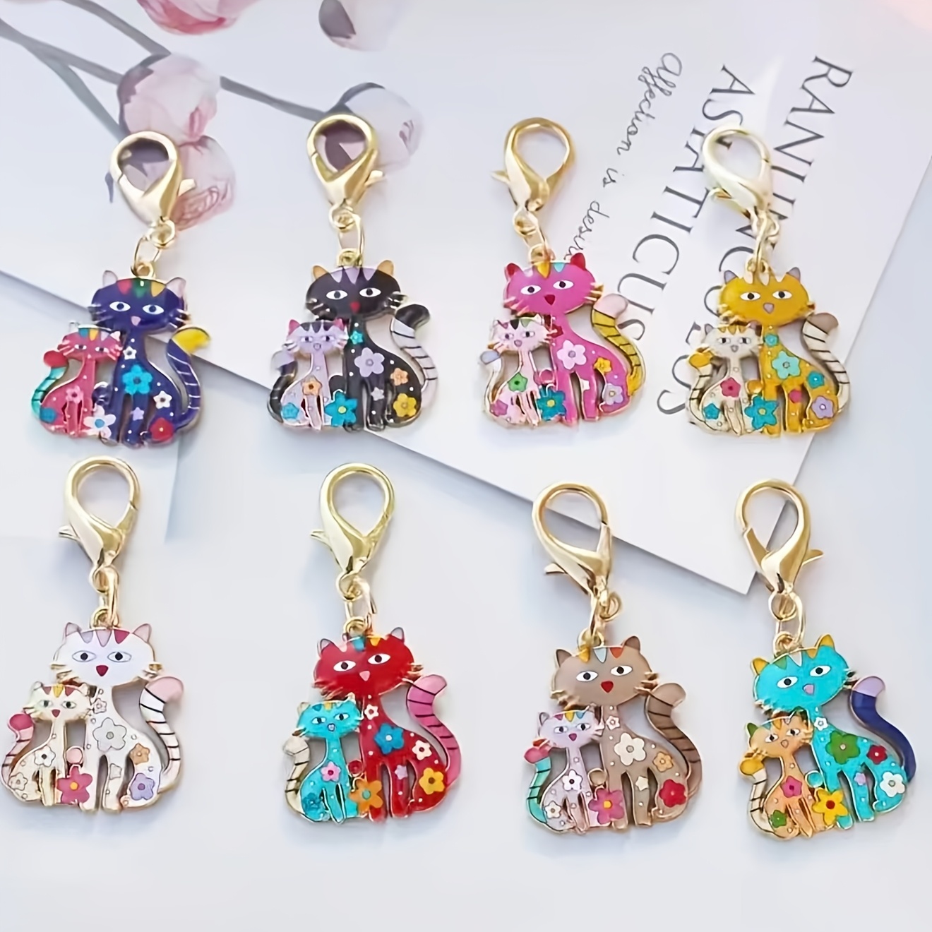 TEMU 8pcs/Set Nouveau Mode Parent- Porte-clés Chat Pendentif Chat Dessin Animé Porte-clés Emballage de Sac Décoration