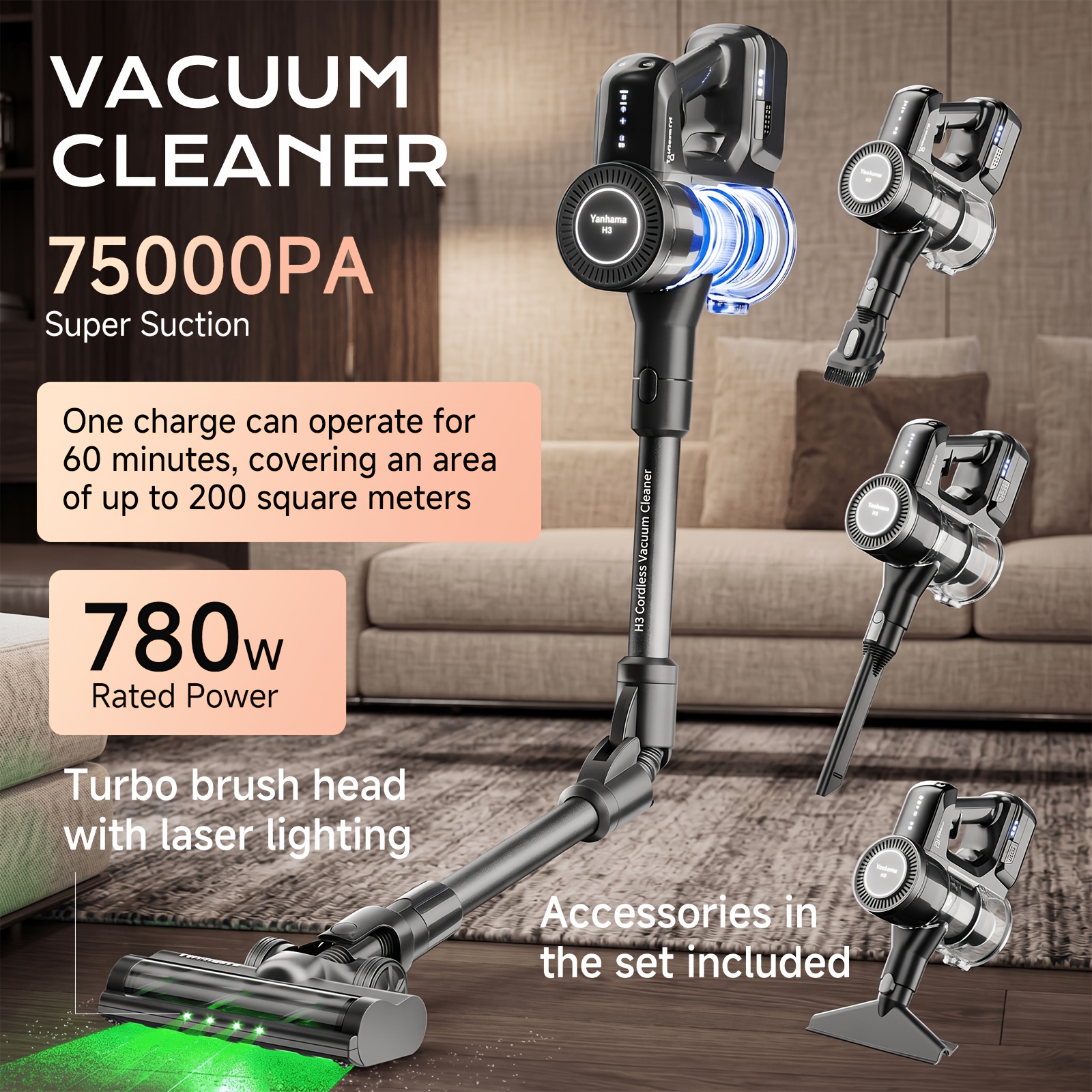 Image of 780w High Power 75000pa Strong Suction Cordless Vacuum Cleaner 1.5l Large Capacity Long Lightweight Portable Design Multi Functional Cleaning Tool For Home