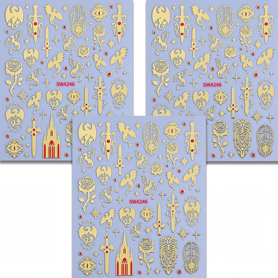 TEMU 3 Sheets Of Halloween Nail Stickers - 3d Golden Winged Dragon, Bat, Rose, Sword, And Starburst Nail Decals - Easy To Apply - Suitable For Nail